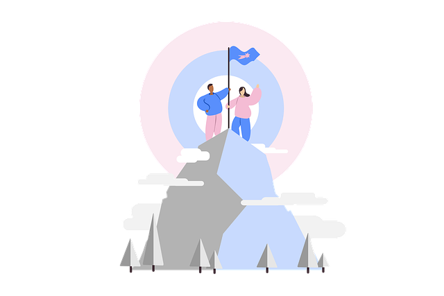 success mindset: animated man and a woman on the top of a mountain with the victory flag